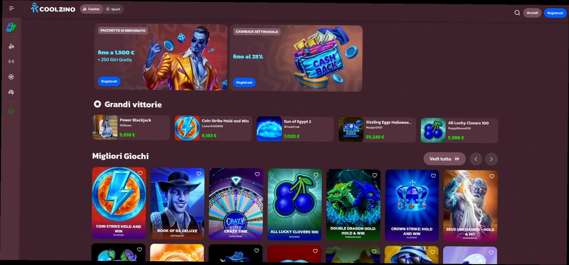 Coolzino Casino Bonus Fino a 1500 euro più 250 giri